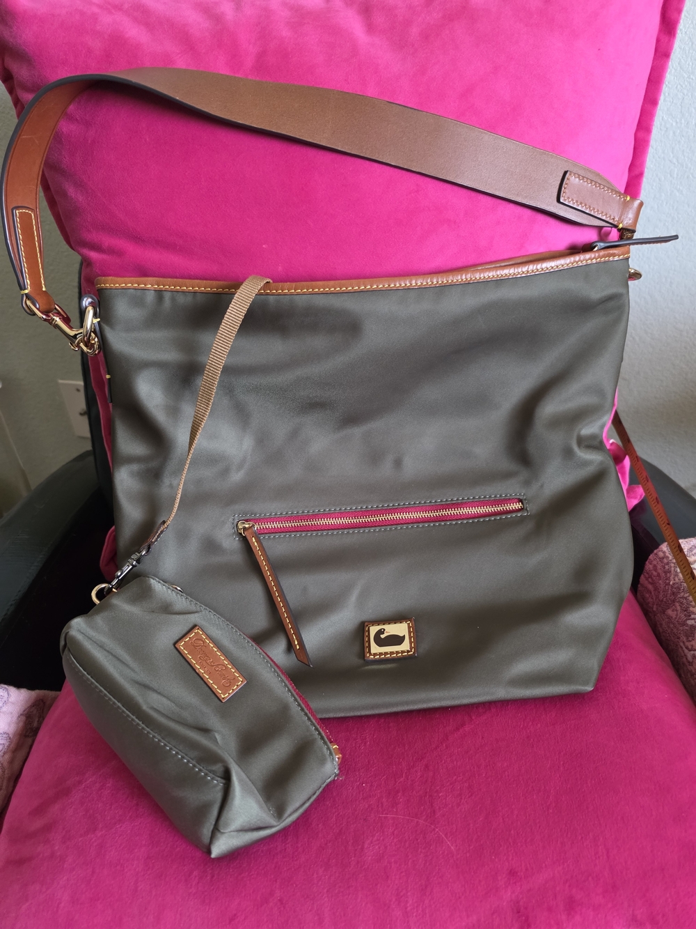 Dooney & Bourke Olive Nylon Crossbody Tote With Small Purse And Key Fob